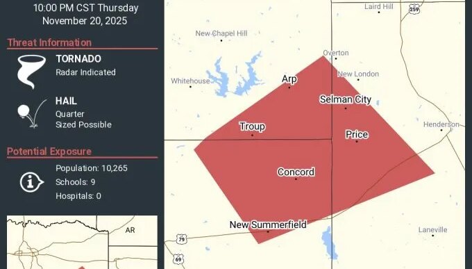 Alerta de tornado emitido para condados de Smith, Cherokee e Rusk
 - Printis