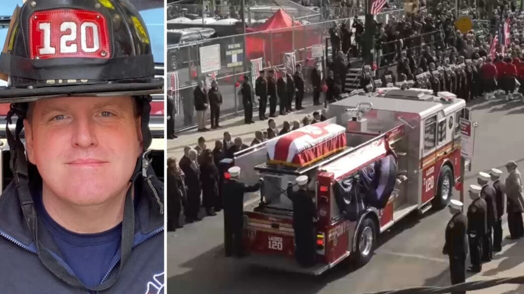 Familiares e membros da comunidade comparecem ao funeral do bombeiro do FDNY, Patrick Brady, que morreu lutando contra um incêndio no Brooklyn
 - Printis